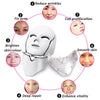 Máscara facial blanca con alambre plateado, rodeada de diagramas circulares que ilustran beneficios para la piel como la redu