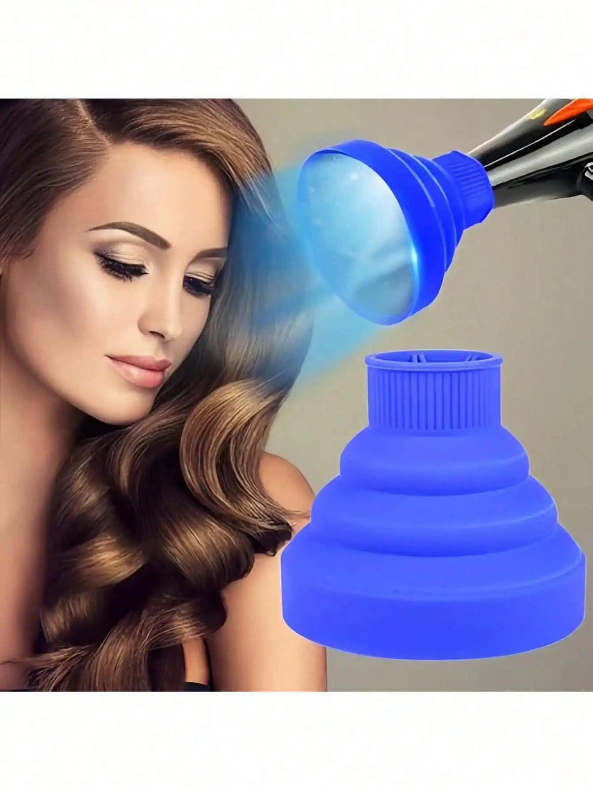 A woman is using a silicone diffuser cover for hair dryers to style her hair.