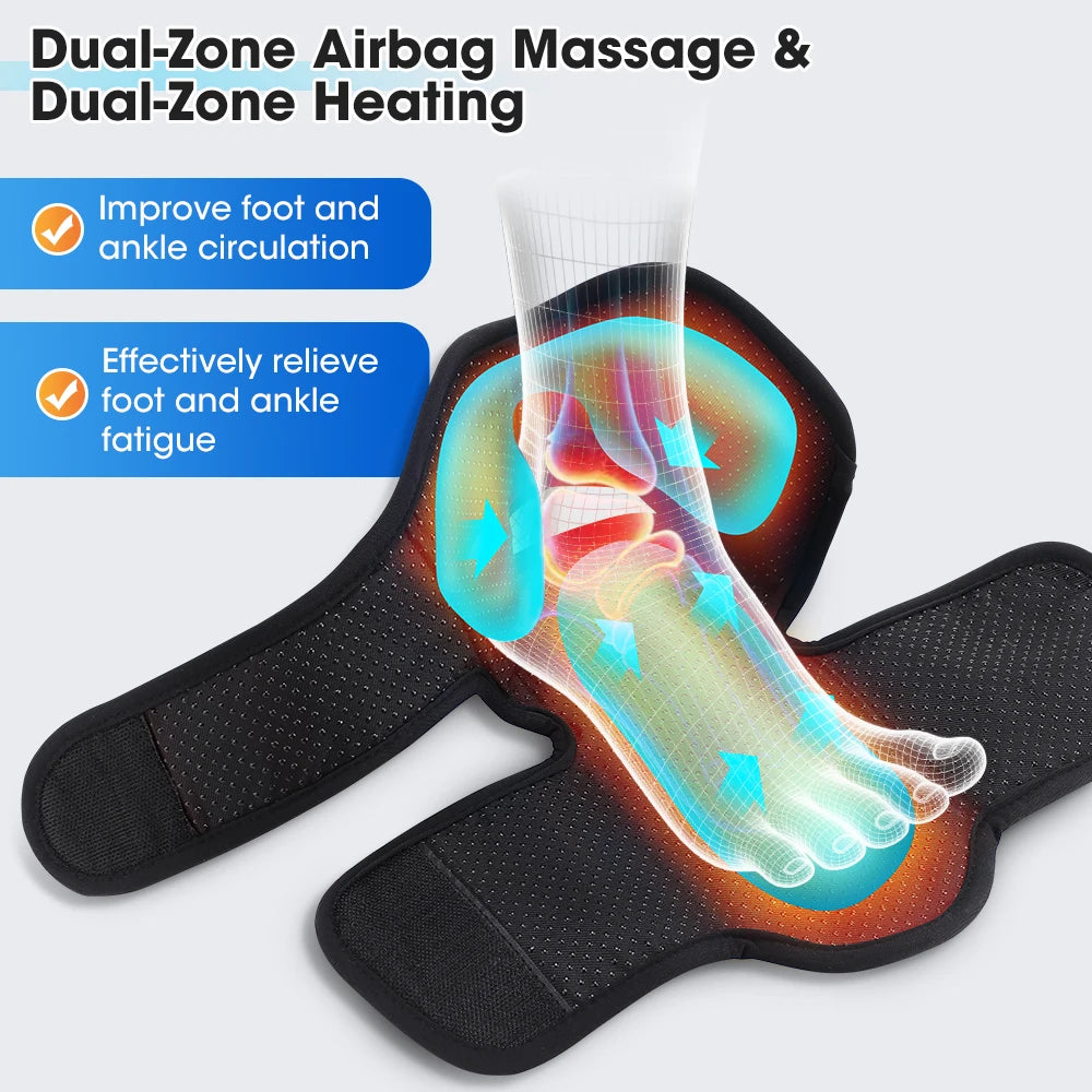 A black dual-zone foot and ankle massager device shown on a foot.