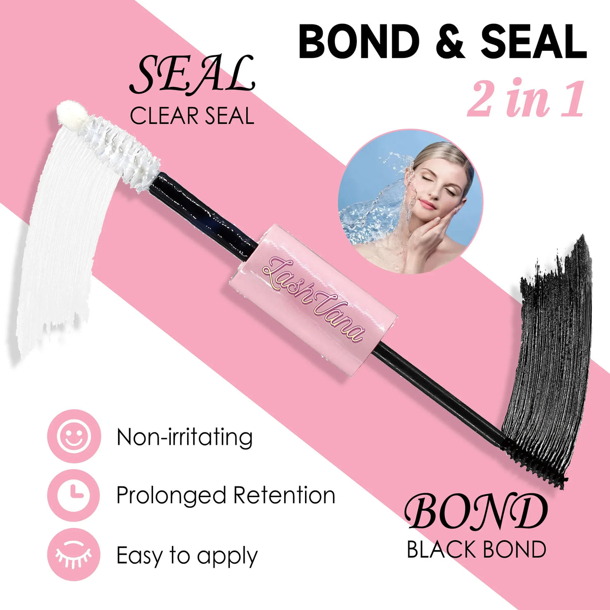 A cosmetic tool kit featuring a clear seal and black bond for eyelash extensions.