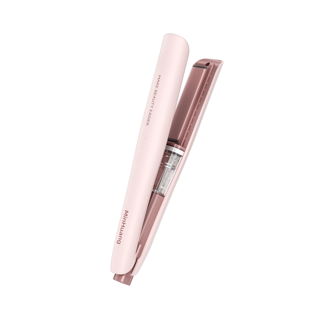 A pink Minihuang steam flat iron hair styling tool with a clear barrel.