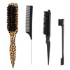 A set of four boar bristle hair styling brushes including a wide comb and a fine-toothed brush.