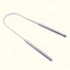 A stainless steel tongue scraper with a handle and cleaning tip.