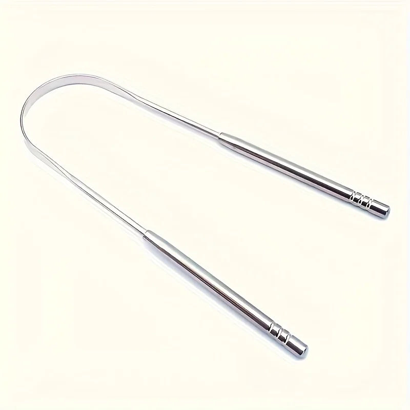 A stainless steel tongue scraper with a handle and cleaning tip.
