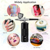 A mini air compressor tool is shown with various applications including painting, nail art, makeup, and car painting.