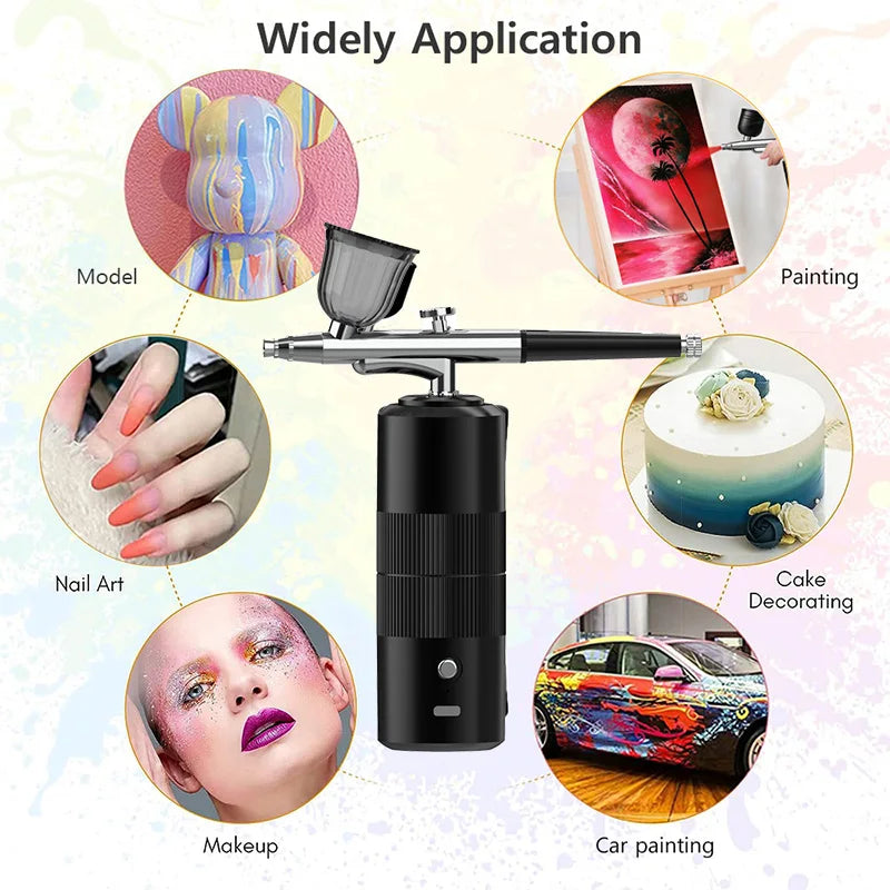 A mini air compressor tool is shown with various applications including painting, nail art, makeup, and car painting.