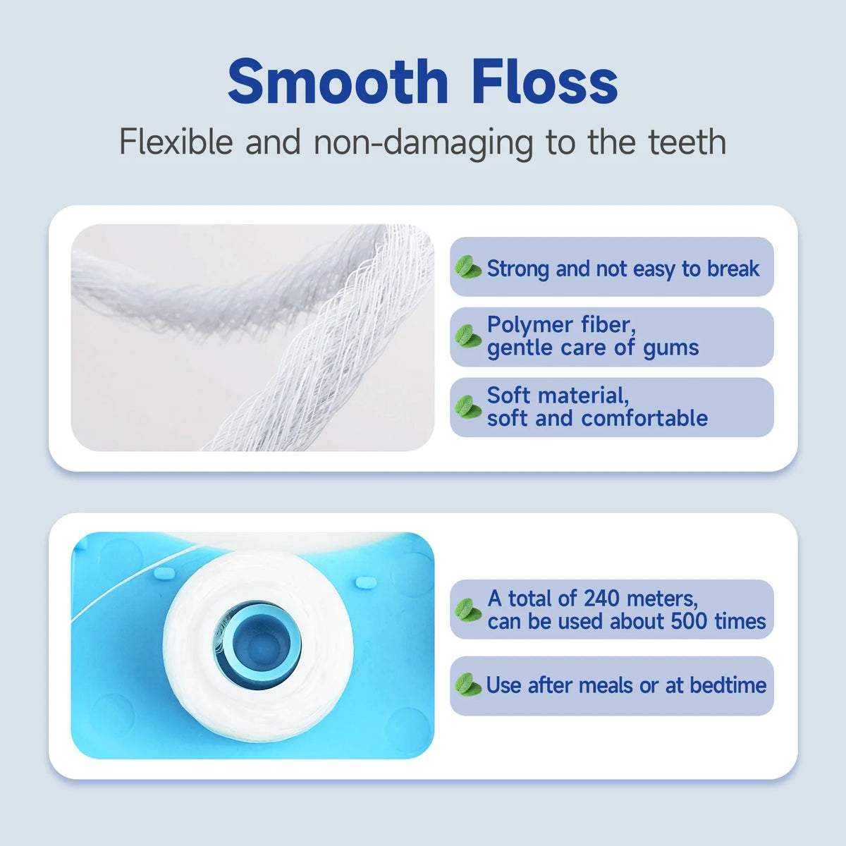 A white floss dispenser with a spool of floss is shown next to text describing its features.
