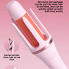A pink professional automatic hair curling iron is shown, demonstrating its ability to curl hair and be packed into a slot pa