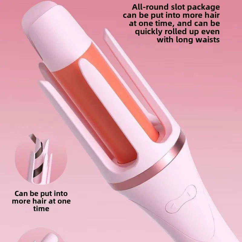 A pink professional automatic hair curling iron is shown, demonstrating its ability to curl hair and be packed into a slot pa