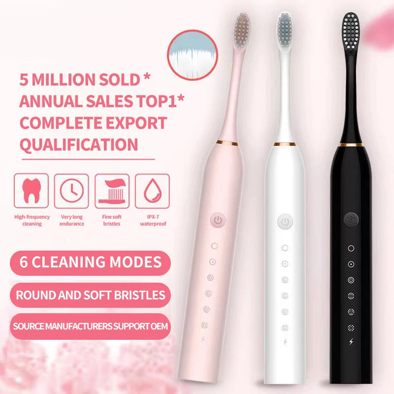 A set of three sonic electric toothbrushes in pink, white, and black are displayed with text highlighting sales achievements 