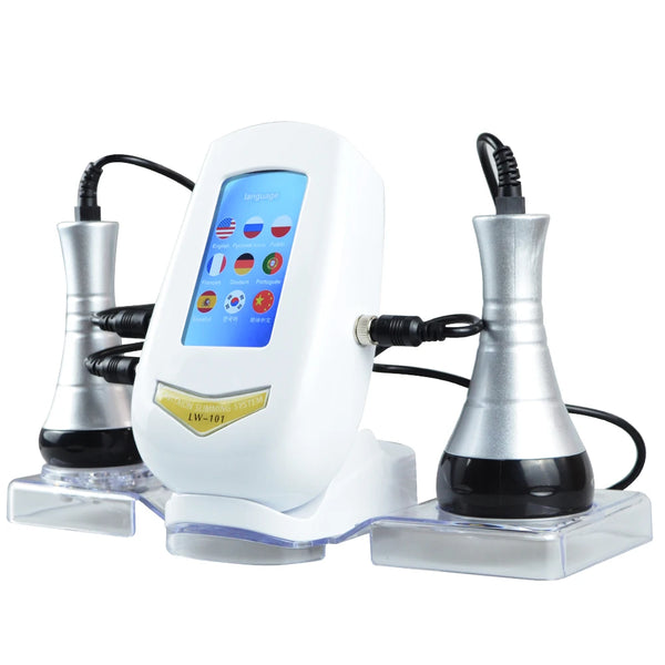 A white ultrasonic body sculpting device with a digital screen and two handheld probes resting on a clear base.