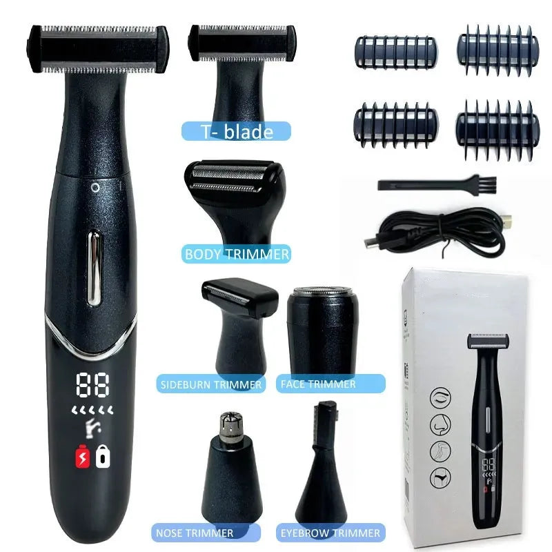 A collection of 6 grooming trimmers including a body trimmer, sideburn trimmer, face trimmer, nose trimmer, and eyebrow trimm