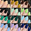 A collection of glossy press-on nails in various shades including yellow, orange, brown, and green colors displayed on finger