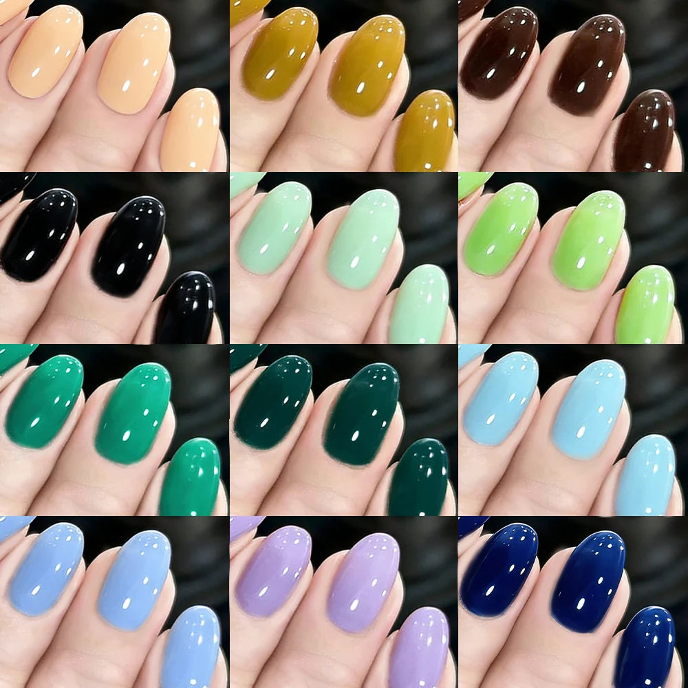 A collection of glossy press-on nails in various shades including yellow, orange, brown, and green colors displayed on finger