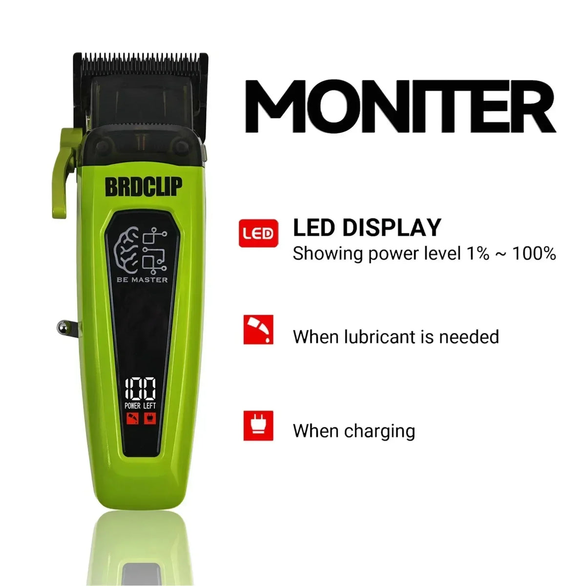 A lime green electric hair clipper with a black battery and LED display showing power level, lubricant needed indicator, and 