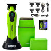 A set of green and black professional high-speed hair trimmer tools including a main unit, attachments, and a charging base.