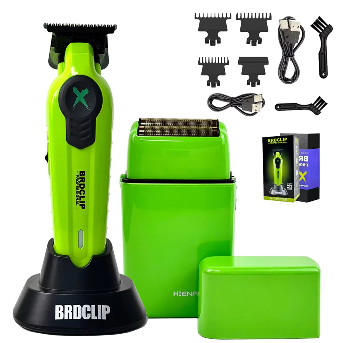 A set of green and black professional high-speed hair trimmer tools including a main unit, attachments, and a charging base.