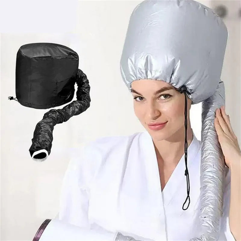 A woman wearing a silver adjustable hair drying cap, with a black version shown separately.