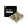 A black box containing styling blade razor blades and a plastic holder for professional stainless steel razor blades.