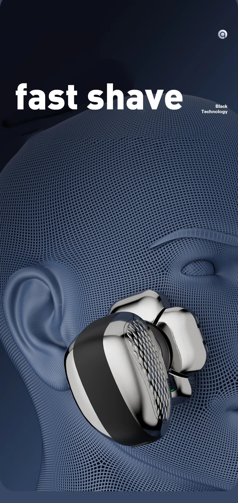 A close-up of a silver electric head shaver is shown against a blue textured background.