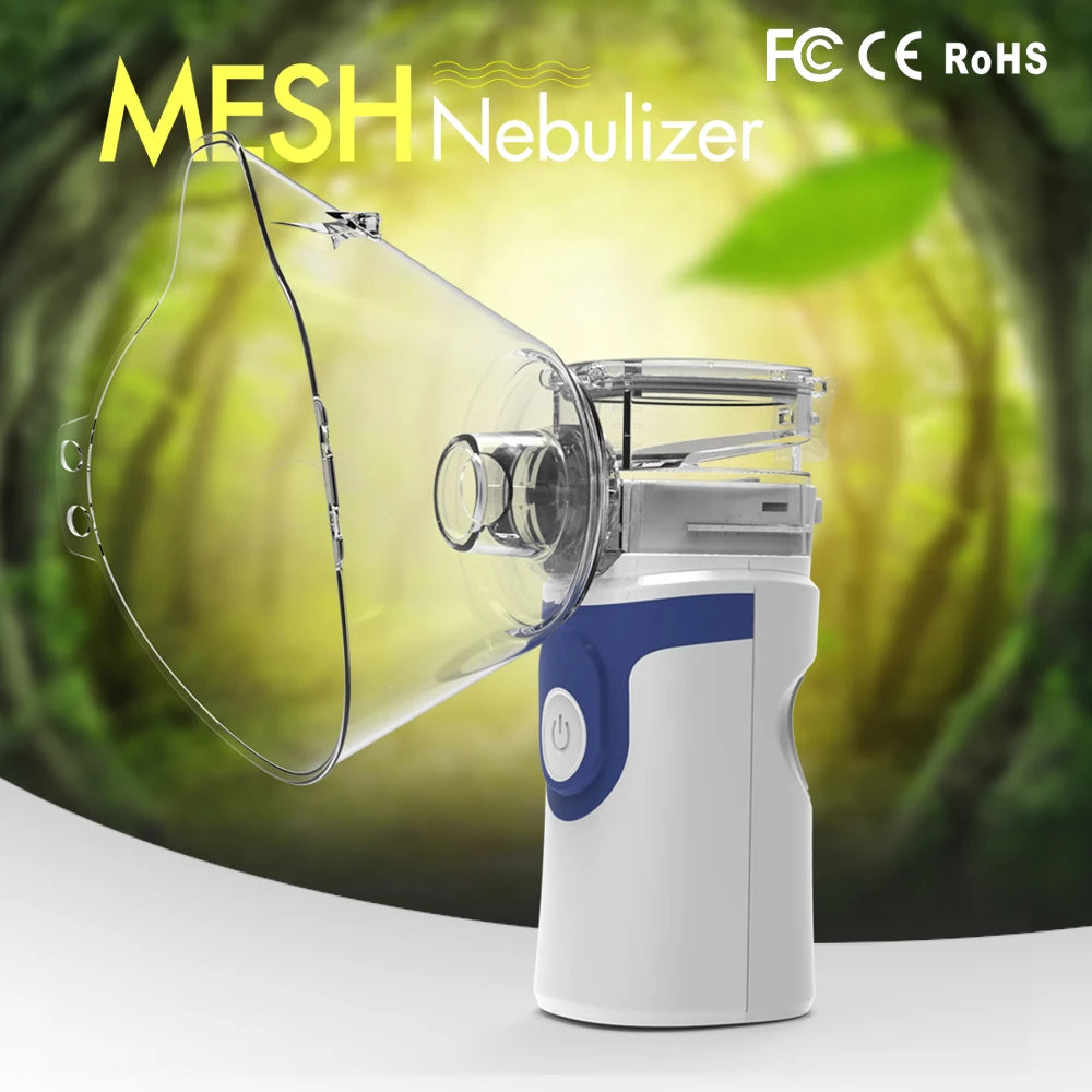 A white portable medical nebulizer with a clear mask is shown against a blurred green background.