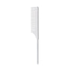 A white plastic hair comb with a stainless steel handle.