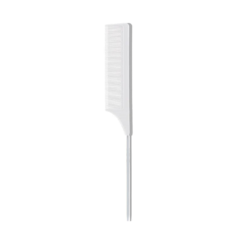 A white plastic hair comb with a stainless steel handle.