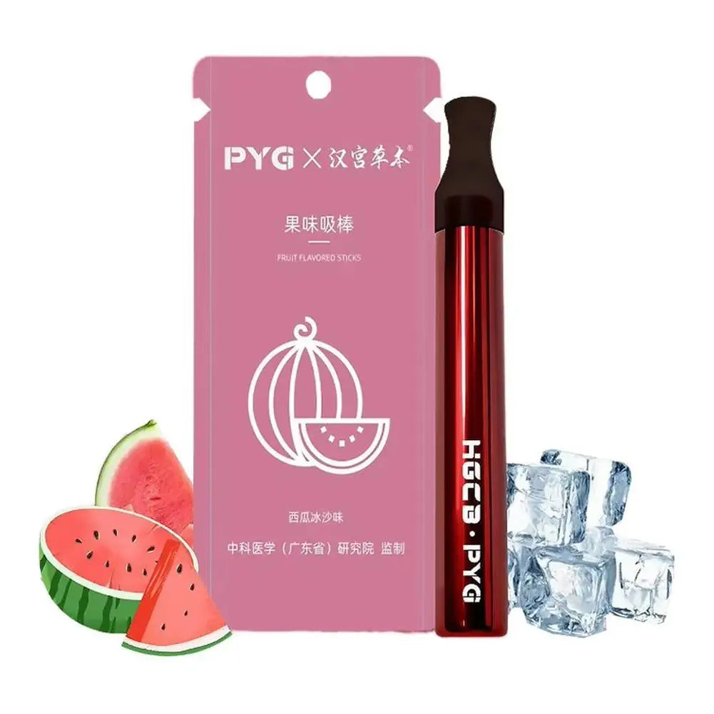 Eine Box mit PYG Frucht-Sticks für einen Kräuter-Inhalator, pinker Hintergrund und Wassermelonenillustration.