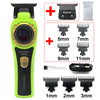 A lime green cordless hair trimmer kit showing various sizes of trimmers and accessories.