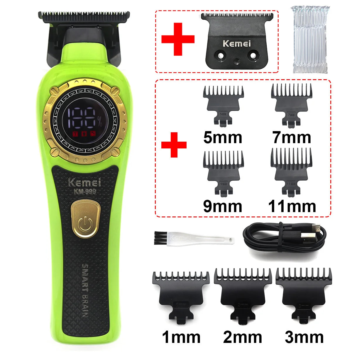 A lime green cordless hair trimmer kit showing various sizes of trimmers and accessories.