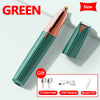 A green precision electric eyebrow trimmer with a rose gold cap and accessories shown on a light background.