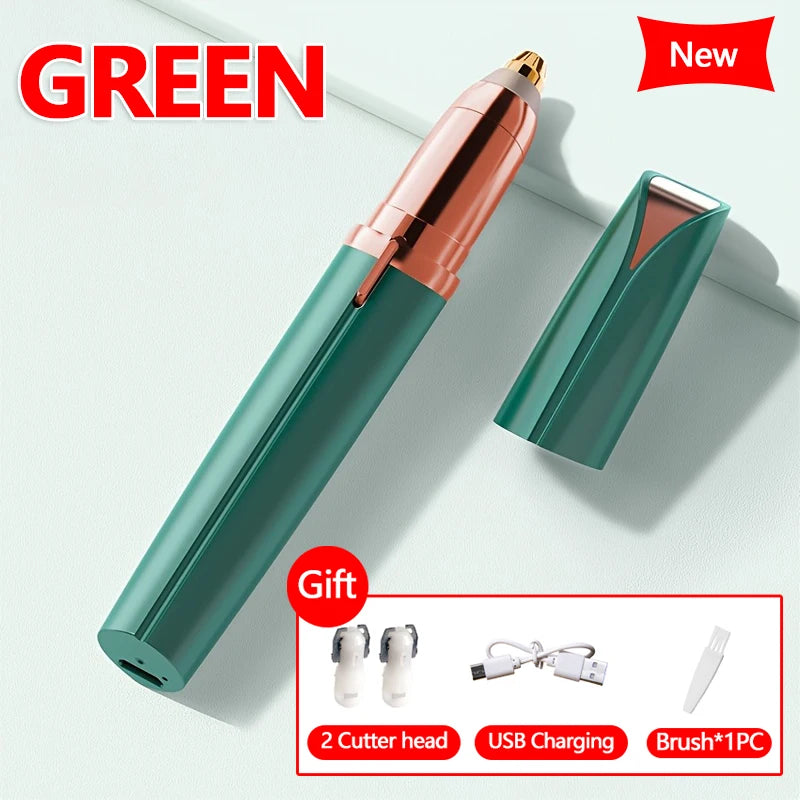 A green precision electric eyebrow trimmer with a rose gold cap and accessories shown on a light background.