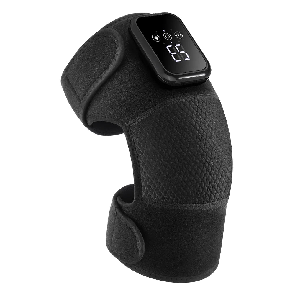 Schwarzer, beheizter Knie-Massager mit verstellbaren Vibrationsfunktionen sichtbar.