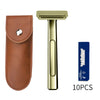 A set of ten double-edge safety razor components including a handle and blade.