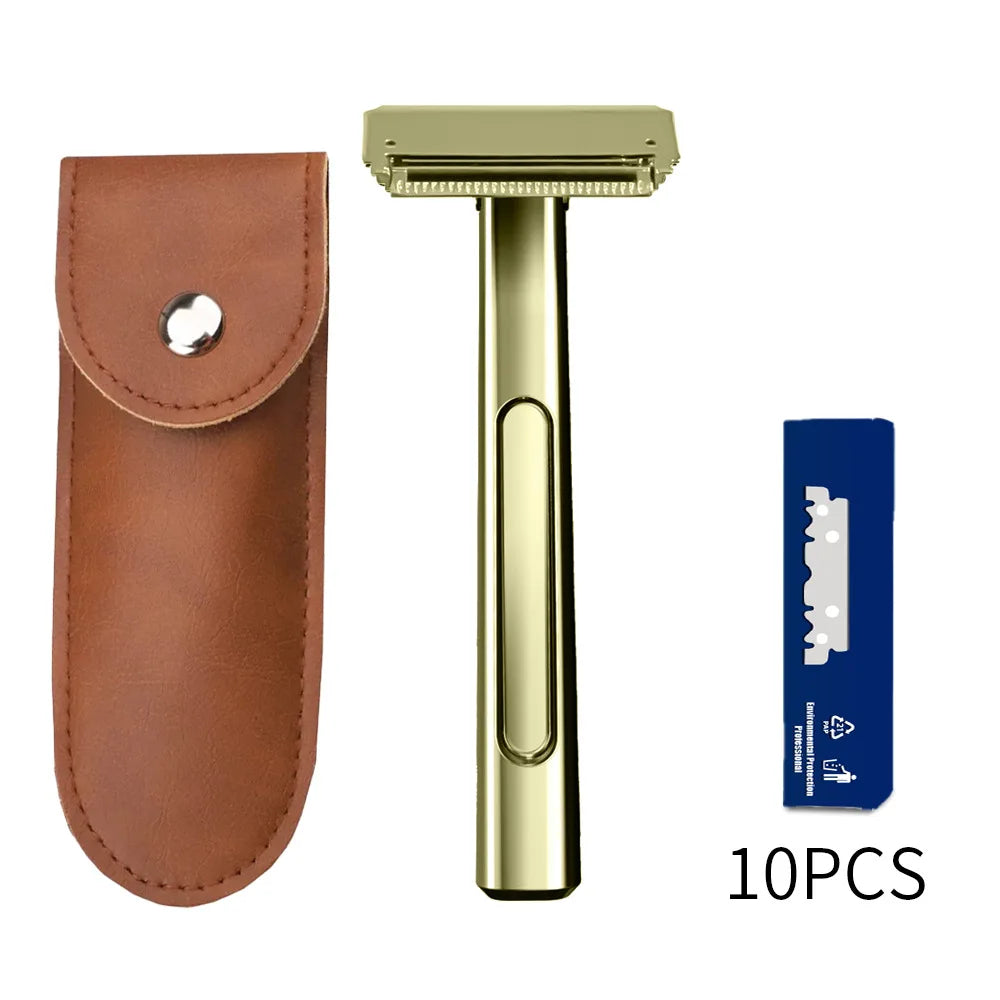 A set of ten double-edge safety razor components including a handle and blade.