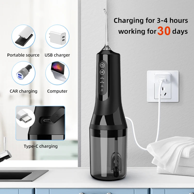 A black portable electric dental floss and oral irrigator device shown next to various charging options.