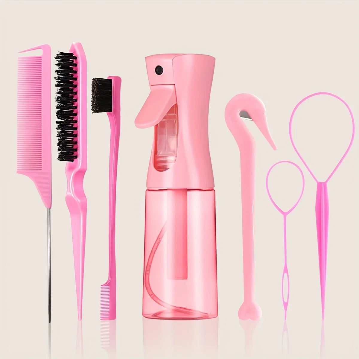 A pink 7-piece hair styling kit featuring a brush, comb, and spray bottle displayed on a light background.
