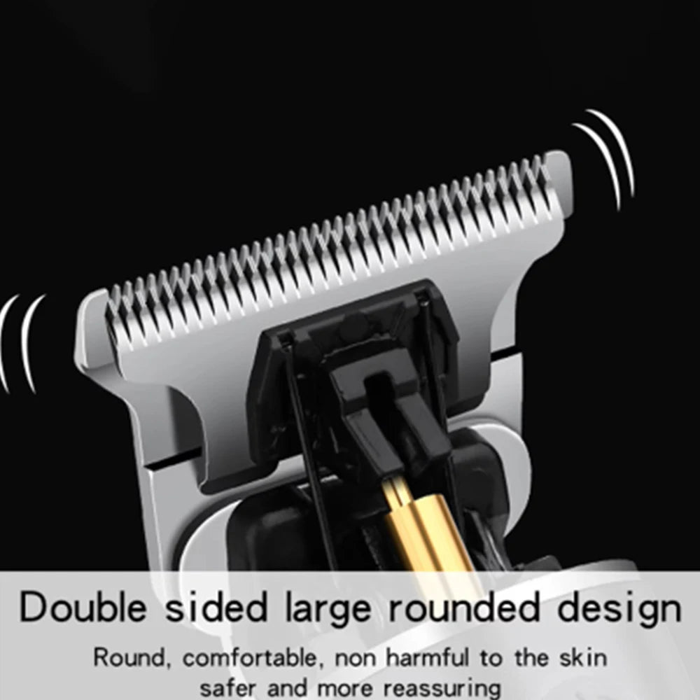 Close-up of a silver electric beard and hair trimmer with a double-sided large rounded design.