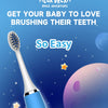 A blue electric toothbrush is shown against a starry background with a purple planet.