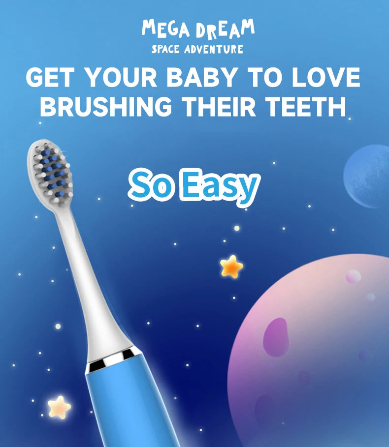 A blue electric toothbrush is shown against a starry background with a purple planet.