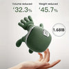 A hand holds a green 4D bionic massager for neck and shoulder relief, showing volume and weight reduction statistics.