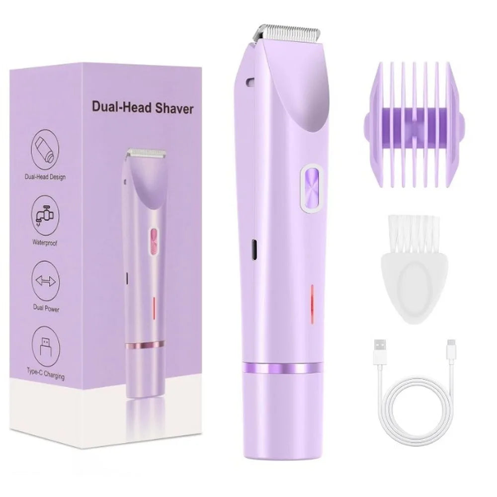 A purple dual-head shaver and accessories are shown in a box, including the shaver itself and a detachable head.