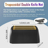 A black trapezoidal double knife net shaver with gold accents shown from the top and side.