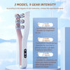 A white EMS face and body slimming roller massager is shown next to a diagram illustrating three modes of gear intensity.