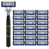 A set of ten stainless steel multi-blade safety razor cartridges with blue handles and silver blades.