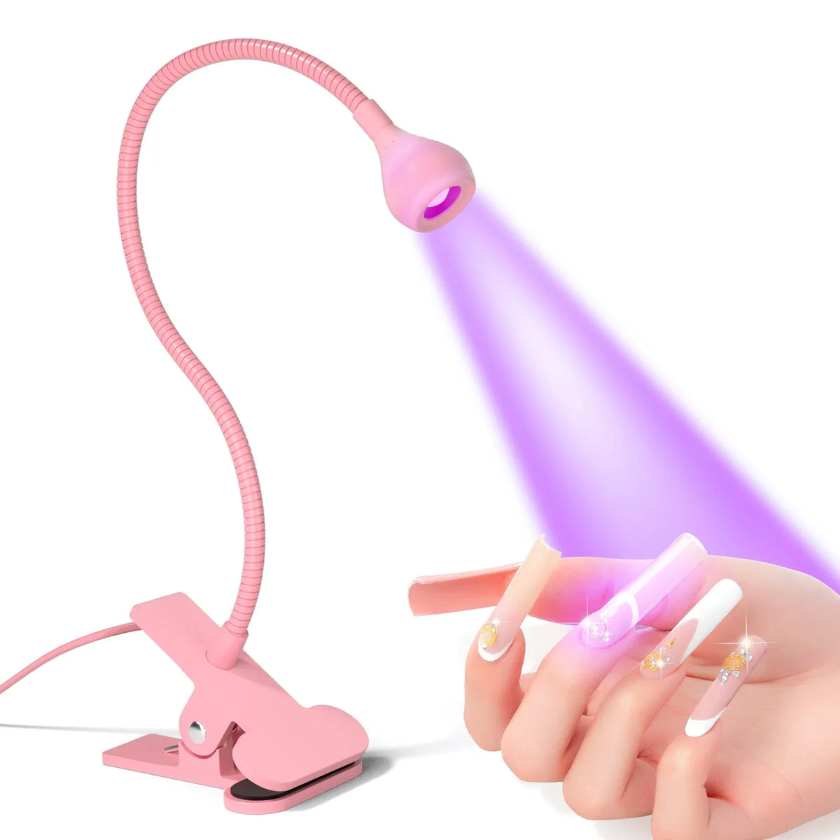 A pink clip-on UV LED nail lamp with a flexible gooseneck illuminating a hand.