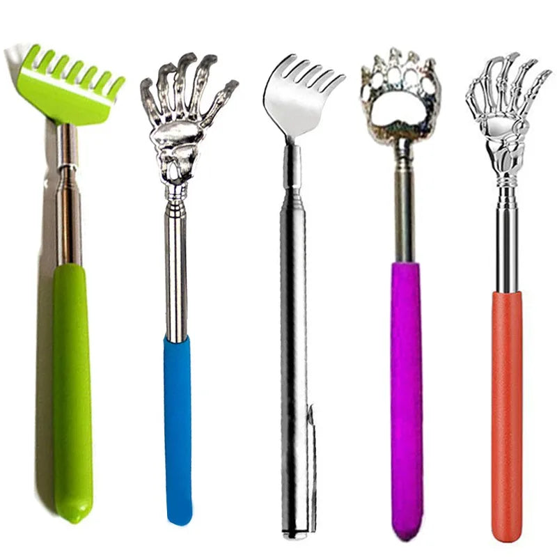 A set of three stainless steel telescopic back scratchers in lime green, blue, and purple.