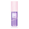 Paleta de sombras líquidas metálicas con purpurina, botella vertical, tapa rosa y producto morado.
