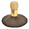 A professional hair duster brush with a light wood handle and a wide, dark gray hair-like bristles.