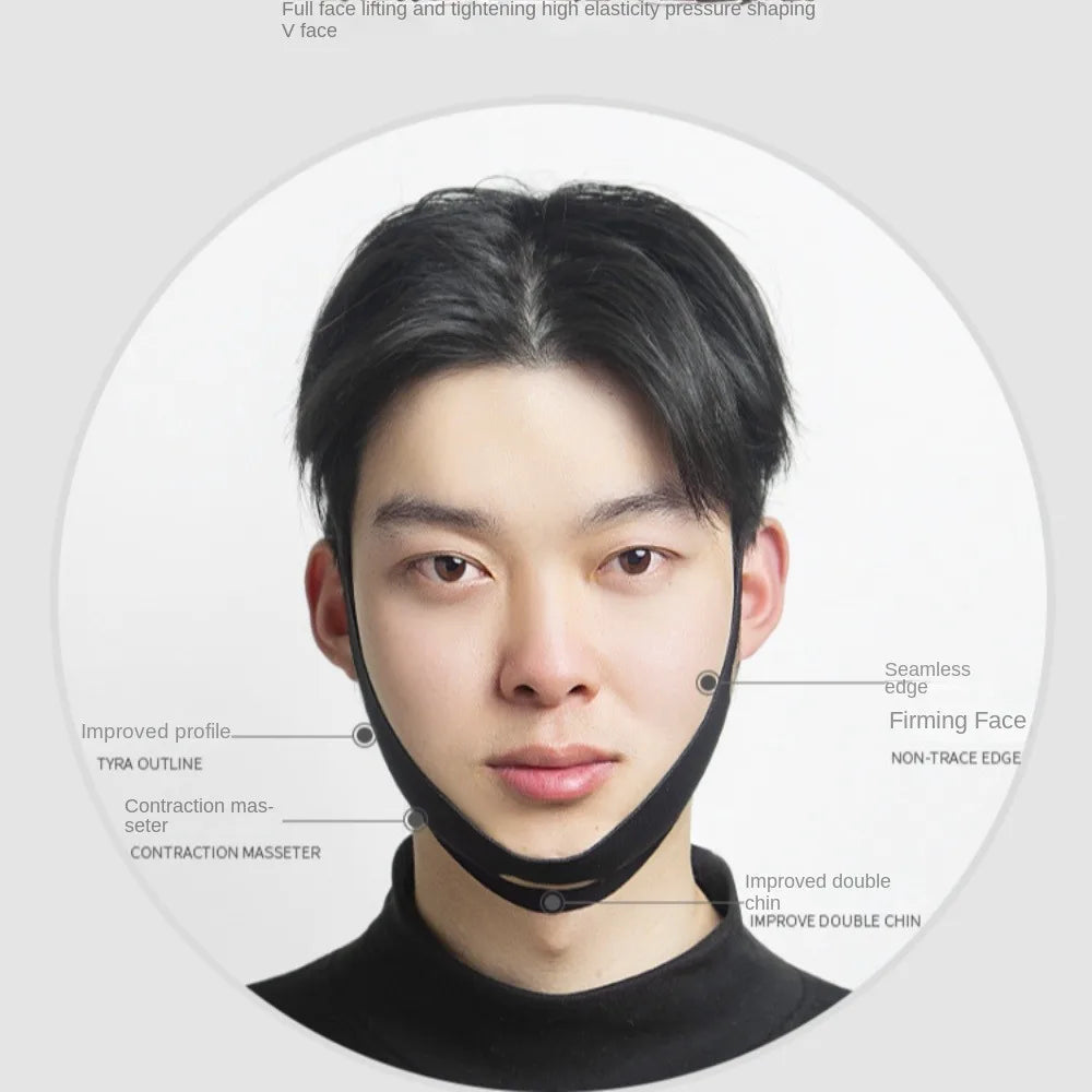 Close-up of a person wearing a black reusable V-Line lifting mask for facial shaping and tightening.